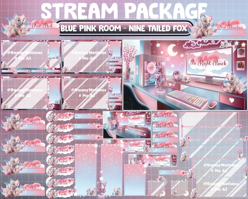 Recent Sub ANIMATED Twitch Overlay Stream Package: Magical Pink Blue Nine Tailed ...