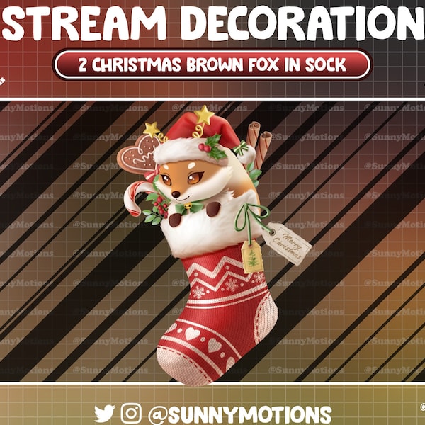 Animated Stream Decoration: Lo-fi Aesthetic Brown Fox In Christmas Stocking, Foxy In Xmas Socks, Noel Night Candy Cane Star Twitch Overlay