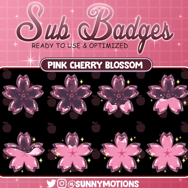 8 Liquid Blooming Pink Cherry Blossom Sub Bit Anstecker, Sakura Flower Stream Overlay, Frühlingsblumen Treueabzeichen für Twitch Discord, Mixer