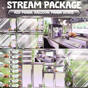 Paquete ANIMADO de transmisión superpuesta de Twitch: sala de juegos estética de baja fidelidad en negro y morado, panda gigante comiendo bambú, casa de mapaches, panda rojo durmiendo