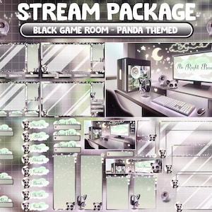 Paquete de transmisión de superposición de Twitch ANIMADO / Casa verde negra retro estética de baja fidelidad / Sala de juegos acogedora / Panda lindo / Panel de alerta de oso gigante
