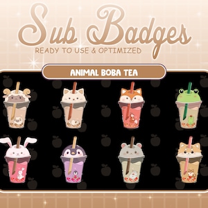 Owca, Kot, Lis, Królik, Pingwin, Koala, Żaba, Shiba Inu Pies Bubble Tea Twitch Loyalty Sub Bit Odznaki / Kawai Animal Emotes / Twitch Overlay