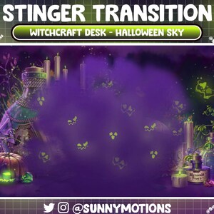 May include: A purple and black Halloween-themed scene with a witch's cauldron, bottles, and candles. The background is a dark purple sky with glowing green bats.