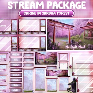 Animated Twitch Stream Package Overlay: Shrine Day In Spring Sakura Garden / Holy Aesthetic Torii Gate / Cherry Blossom Forest Screen Alerts