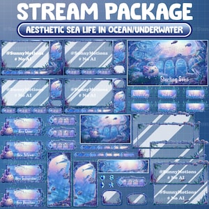 May include: A set of Twitch stream overlays featuring an underwater aesthetic with blue, purple, and white colors. The overlays include a starting soon screen, a new cheer alert, a new follower alert, a new subscriber alert, a new donation alert, and a set of social media buttons.
