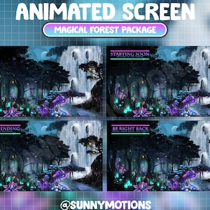 ANIMIERTER Twitch Spirit Forest Stream Bildschirm / Moon Light Forest Design Streamer Grafik / Glühwürmchen / Pilz / Wasserfall / mondbeschienene Lichtung