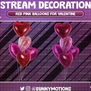 Pode incluir: Duas bouquets de balões em forma de coração em tons de vermelho e rosa. O texto diz "STREAM DECORATION" e "RED PINK BALLOONS FOR VALENTINE". O fundo é um padrão de grade com listras diagonais.