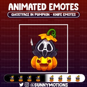 Puede incluir: Emoticono animado con un personaje de dibujos animados de Ghostface de la franquicia de películas Scream que lleva un disfraz de calabaza y sostiene un cuchillo. El personaje está en una variedad de poses, incluyendo sostener el cuchillo hacia arriba, sostener el cuchillo hacia abajo y mirar hacia la izquierda y hacia la derecha.
