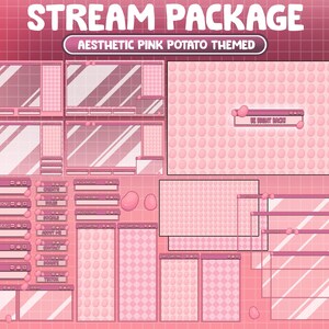 May include: A pink and white digital stream package with a potato theme. The package includes various overlays, panels, and alerts for Twitch or YouTube streaming.