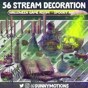 Könnte beinhalten: Eine Sammlung von Halloween-Dekorationen, darunter ein Schädel mit grünen Flammen, ein Buch mit einem Pentagramm, eine Flasche mit Zaubertrank, Kerzen und ein Kürbis. Die Dekorationen befinden sich auf einem grün-weiß gestreiften Hintergrund.