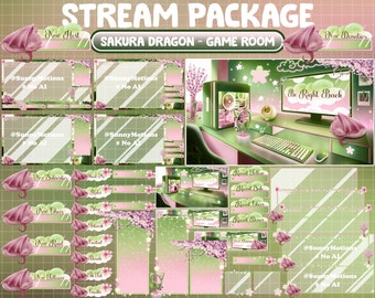 ANIMATED Twitch Overlay Stream Package: Magical Green Pink Game Room, Sakura Spring Dragon Sleeping, Kawaii Pastel Flower House Scene Alerts