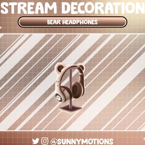 2 Animated Stream Decoration Animal: Kawaii Cozy Brown Bear Headphone, Lo-fi Aesthetic Bunny Bluetooth Gaming Wireless Twitch Overlay Add-on