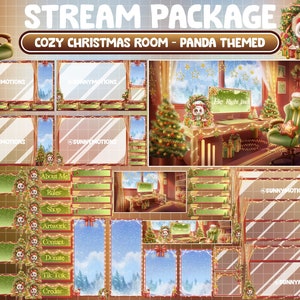 ANIMIERTES Stream-Paket: Gemütliches Weihnachtshaus in Braun, Grün, Rot, PC-Einrichtung im ästhetischen Panda-Spielzimmer, Weihnachtskranzbaum, Weihnachtsszene im Winterschnee