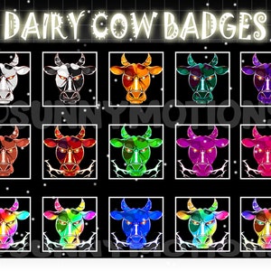 15x Melkvee Twitch Loyalty Sub Bit Badges / Kawai Milk Animal Emoji / Cool Subscriber Badges voor Streamer / Boze Neon Melkkoe Emotes