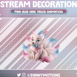 Animated Stream Decoration Animal Soft Plushy Toy: Aesthetic Blue Pink Nine Tailed Fox / Japan Angle Spring Fox Add-on Kawaii Twitch Overlay