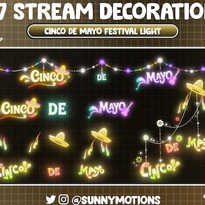 Op de afbeelding: Een digitale afbeelding met neon-achtige Cinco de Mayo-decoraties. Het ontwerp bevat de woorden "Cinco de Mayo" met sombrero's, gitaren en lichtslingers. De tekst "17 Stream Decoration" en "Cinco de Mayo Festival Light" zijn ook aanwezig.