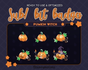 May include: Set of eight animated Twitch sub and bit badges featuring a pumpkin witch with different expressions. The badges are in various stages of animation, including a pumpkin with a witch's hat, a pumpkin with a lit candle, and a pumpkin with a spooky face. The text "PUMPKIN WITCH" is displayed above the badges.