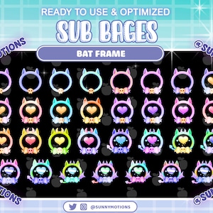 Puede incluir: Un conjunto de 24 insignias de suscripción de Twitch animadas con un marco de murciélago en varios colores y diseños. Las insignias incluyen corazones, calaveras y lazos. El texto "SUB BAGES" y "BAT FRAME" se muestra en la parte superior de la imagen.