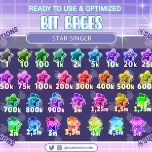 May include: A set of 20 colorful animated star badges for Twitch, YouTube, or other streaming platforms. The badges feature a star with a smiling face and different numbers of bits, ranging from 1 to 5 million. The badges are designed in a neon style with a glowing effect.