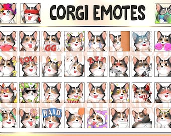 Könnte beinhalten: Ein Set mit 36 digitalen Emojis, die einen Cartoon-Corgi-Hund in verschiedenen Posen und Ausdrücken zeigen. Die Emojis beinhalten einen Corgi mit Gasmaske, einen Corgi mit einem Herzen, einen Corgi mit einer Waffe, einen Corgi mit einer Blume und einen Corgi mit einem Heiligenschein.