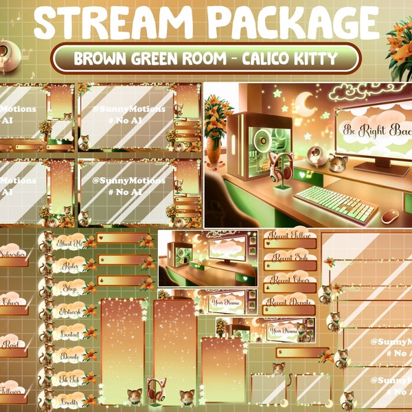 ANIMATED Twitch Overlay Stream Package: Lo-fi Vibe Aesthetic Brown Green Game Room, Tabby Cat, Kitty, Tiger Flowers, Sunny Day Scenes Alerts