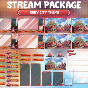 Pode incluir: Um conjunto de sobreposições de stream do Twitch com um tema de cidade de rubi. As sobreposições incluem uma variedade de elementos, como uma caixa de bate-papo, uma barra de doações e um alerta de novo assinante. As sobreposições são projetadas para serem usadas com uma variedade de plataformas de streaming, incluindo Twitch, YouTube e Facebook.
