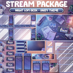 Puede incluir: Una ilustración digital de un escritorio nocturno de estilo lofi con un tema de margarita. La ilustración presenta un escritorio con una computadora portátil, una taza de café, un cuaderno, un bolígrafo, unos auriculares, una Nintendo Switch y una variedad de otros artículos. El fondo es un degradado suave de morado y azul con estrellas y una luna.