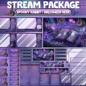 Op de afbeelding: Paars en groen Twitch-stream overlay-pakket met een griezelig konijn en een Halloween-bureau thema. De overlay bevat panelen voor nieuwe cheers, nieuwe volgers, nieuwe abonnees, over mij, en meer.