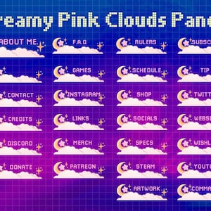 26x Twitch Cute Dreamy Pink Cloud and Moon Panels / Badges / Kawaii / Streamer / Aesthetic / Cool / Pastel / Sparkes / Stream Labs Widgets