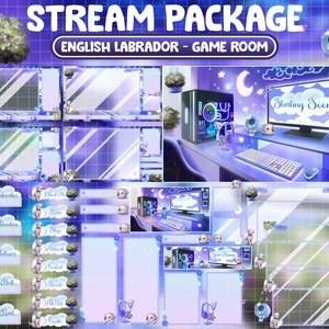 ANIMIERTES Twitch Overlay Stream Paket / Lo-fi Ästhetik Blau Lila Schlafzimmer / Retro Pflanzenhaus / Weißer englischer Labrador Hund Gemütliches Gameplay