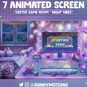 May include: A computer screen with a purple and pink background shows the text "STARTING SOON" in a rainbow font. The screen is surrounded by Easter decorations, including pastel-colored balloons, eggs, and a bunny rabbit. The text "@SUNNYMOTIONS" is visible at the bottom of the image.