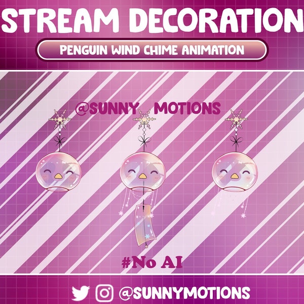 Animated Twitch Stream Decoration Animal: Kawaii Cozy Pink Penguin Wind Chime, Lo-fi Aesthetic Wind Bell Twitch Overlay, Cute Vtuber Add-on