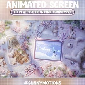 ANIMATED Twitch Overlay Stream Screen / Lo-fi Aesthetic In Pink Christmas Mood Desk / Adorable Kitty Sleeping / Cat Love Winter Evening Room
