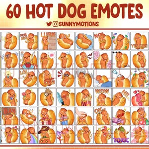 60 Cute Hotdog Twitch Emotes, Discord, Streamer, Kawai Yummy Sausage Emoji, Fast Food Subscriber Loyalty Sub Bit Badge Channel Point Icon