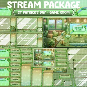 Könnte beinhalten: Ein grünes und goldenes Twitch-Stream-Paket zum Thema St. Patrick's Day mit einer Vielzahl von Panels, darunter eine neue Spende, ein neuer Host, ein neuer Abonnent, ein neuer Cheer, ein neuer Raid, ein neuer Follower, über mich, Regeln, Shop, Kunstwerke, Kontakt, Spenden, TikTok, Credits, neueste Follower, neueste Abonnenten, neueste Cheers und neueste Spender. Der Hintergrund ist ein grünes und goldenes Spielzimmer mit einem Computerbildschirm, auf dem "Be Right Back" steht.