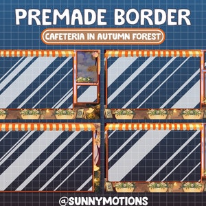 Puede incluir: Un borde predefinido para un stream de Twitch o un video de YouTube que presenta una ilustraci&oacute;n de dibujos animados de una cafeter&iacute;a en un bosque de oto&ntilde;o. El borde tiene un toldo a rayas, un ribete a rayas naranja y blanco y una ventana con vista al bosque. El texto "CAFETERIA IN AUTUMN FOREST" se muestra sobre el borde.