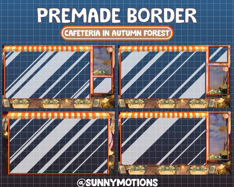 Puede incluir: Un borde predefinido para un stream de Twitch o un video de YouTube que presenta una ilustraci&oacute;n de dibujos animados de una cafeter&iacute;a en un bosque de oto&ntilde;o. El borde tiene un toldo a rayas, un ribete a rayas naranja y blanco y una ventana con vista al bosque. El texto "CAFETERIA IN AUTUMN FOREST" se muestra sobre el borde.