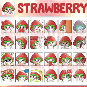 35 Cute Chibi Kawaii Strawberry Twitch Discord Mixer Youtube Emotes / Kawai Fruit Emoji / Subscriber / Loyalty Sub Bit Badges / Red Emote