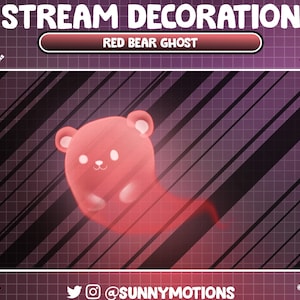May include: A red bear ghost illustration with a white outline and a pink background. The bear is smiling and has a cute expression. The image is set against a dark purple grid background with diagonal lines.