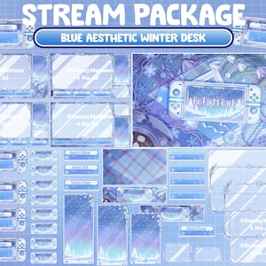 Pakiet ANIMOWANEGO Streamu: Estetyczne Lo-fi Niebieskie Biurko Zimowe, Konsola Game Switch, Przytulne Rękawiczki, Rękawiczki, Kwiat Przebiśniegu, Alert Sceny Bożonarodzeniowej