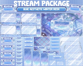 ANIMATED Stream Package: Aesthetic Lo-fi Blue Winter Desk, Game Switch Console, Cozy Mittens, Gloves, Snowdrop Flower, Christmas Scene Alert