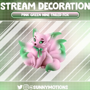 May include: Pink and green nine-tailed fox illustration with a green bow. The fox is sitting on a green and white grid background. The text "STREAM DECORATION" is at the top of the image and "PINK GREEN NINE TAILED FOX" is in a white box below it. The text "@SUNNYMOTIONS" is at the bottom of the image.