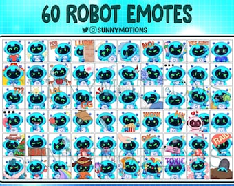 60 Cyan Green Robot Twitch Emotes Pack, Discord, Stream, Cyborg Emoji, Subscriber Loyalty Sub Bit Badges, Channel Point Icon, Twitch Reward