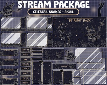 May include: A set of Twitch stream overlays with a dark blue background and gold accents. The overlays feature a skull with a snake wrapped around it, stars, and a celestial theme. The text "Celestial Snakes - Skull" and "Be Right Back" are included in the overlays.