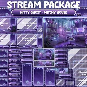 May include: A purple and blue Twitch stream package with a witchy house theme. The package includes various overlays, panels, and alerts. The text "@SunnyMotions #No AI" appears on several of the panels.