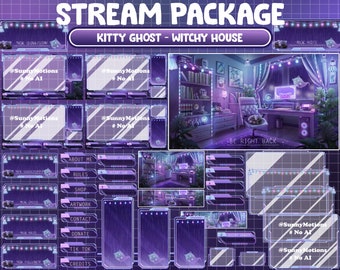 ANIMATED Stream Package Kitty Ghost Witchy Celestial Game Room, Purple Teal Halloween House Raining Night Raccoon Fairy Light Twitch Overlay