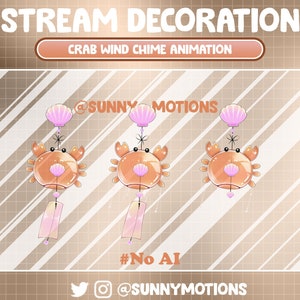 May include: Animated crab wind chime with a pink seashell on top. The chime is made of glass and has a pink and white design. The animation shows the crab moving its claws and the seashell swaying in the wind. The text "@SUNNY MOTIONS" and "#No AI" is visible in the image.