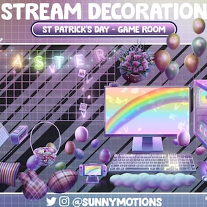 May include: A purple and black themed gaming room decorated for St. Patrick's Day. The room features a computer, a keyboard, a rainbow, a calendar, a basket of Easter eggs, and a sign that says "Easter".