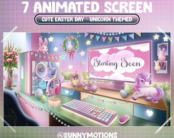 7 Animated Easter Day Game Room Set Up, Lo-fi Bunny Desk Twitch Screen, Rabbit Balloon, Eggs, Unicorn Flower Stream Scene Vtuber Background
