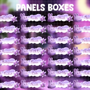 May include: A set of 20 purple and white Twitch panels featuring bunny illustrations and text labels such as "About Me", "Credits", "Merch", "Specs", "Artwork", "Discord", "Patreon", "Steam", "Donate", "Rulers", "Subscribe", "Commands", "FAQ", "Rules", "Tik Tok", "Instagram", "Games", "Schedule", "Tip", "Contact", "Links", "Set Up", "Twitter", "Wishlist", "Socials", "Shop", and "Website".